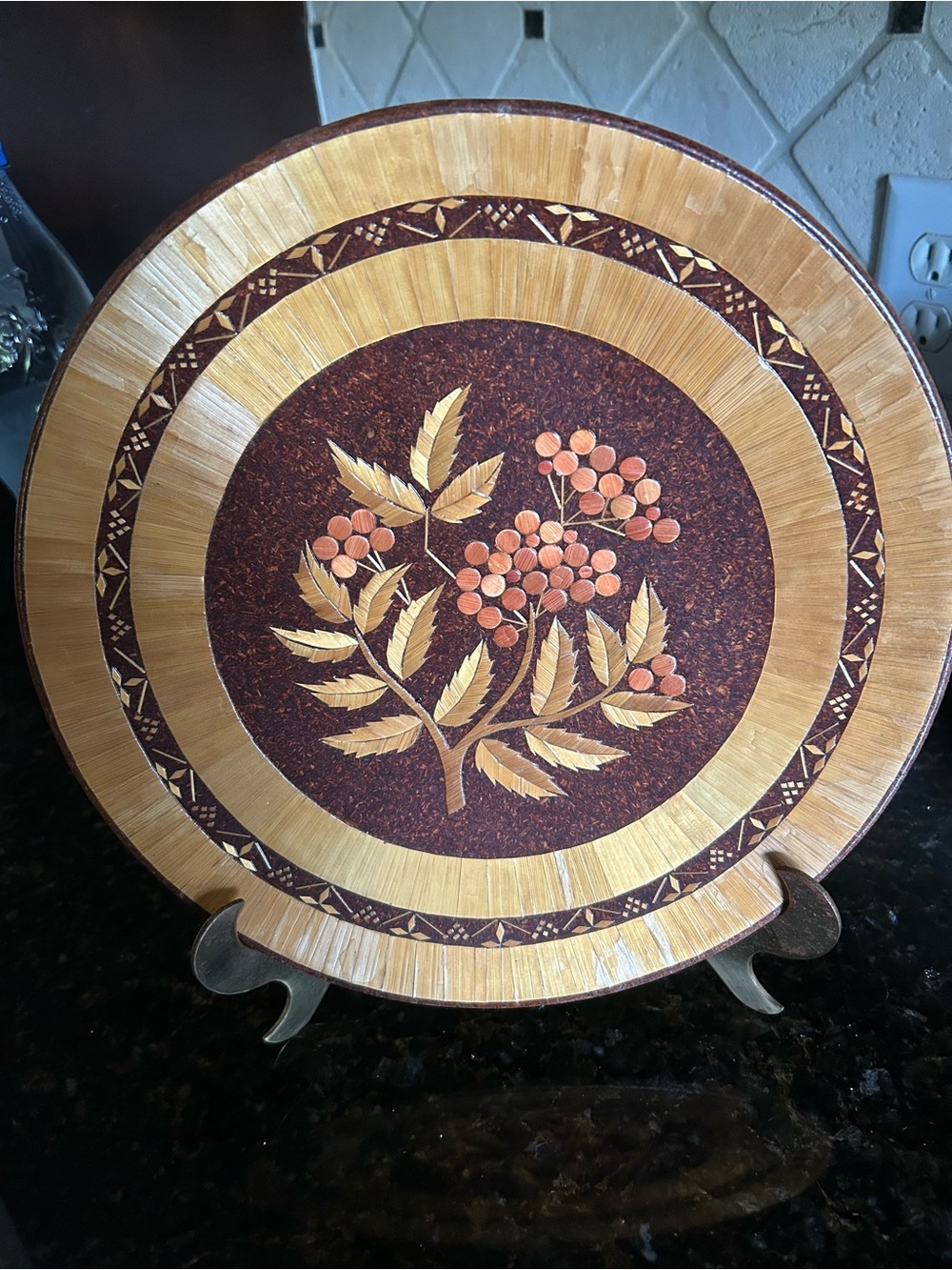 Ukrainian Decorative Inlaid Dinnerware Plate in Brown and Gold